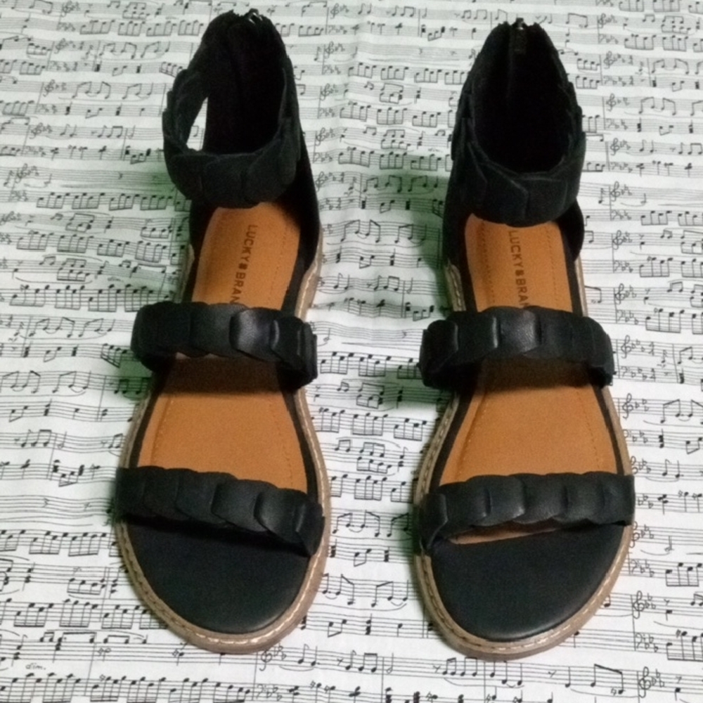 Lucky Brand Black Braided-Strap Sandals with Tan Footbed